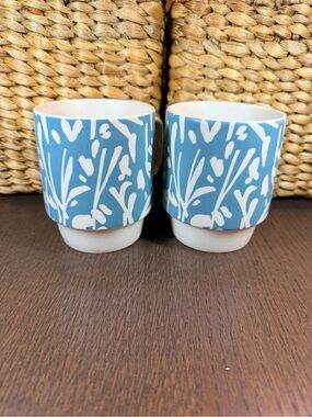 Set of 2 Starbucks White and Teal Blue Botanical Pattern Stackable Ceramic Mugs